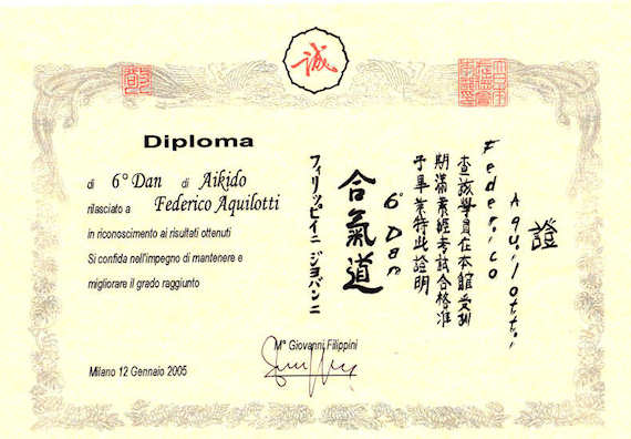 Diploma 6 Dan rilasciato dal Maestro Giovanni Filippini